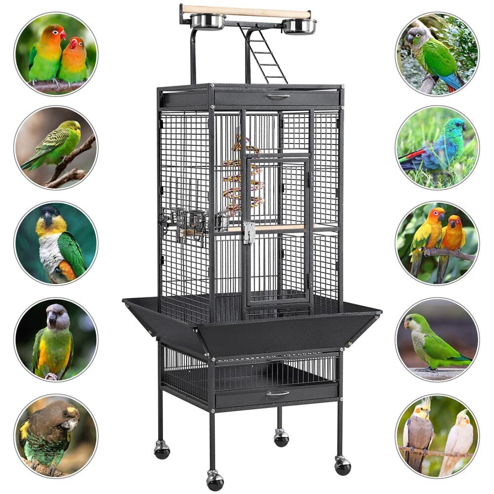 68/61-Inch Large Parrot Bird Cage With Playtop/Rolling Stand/Bungee Rope, Black 2