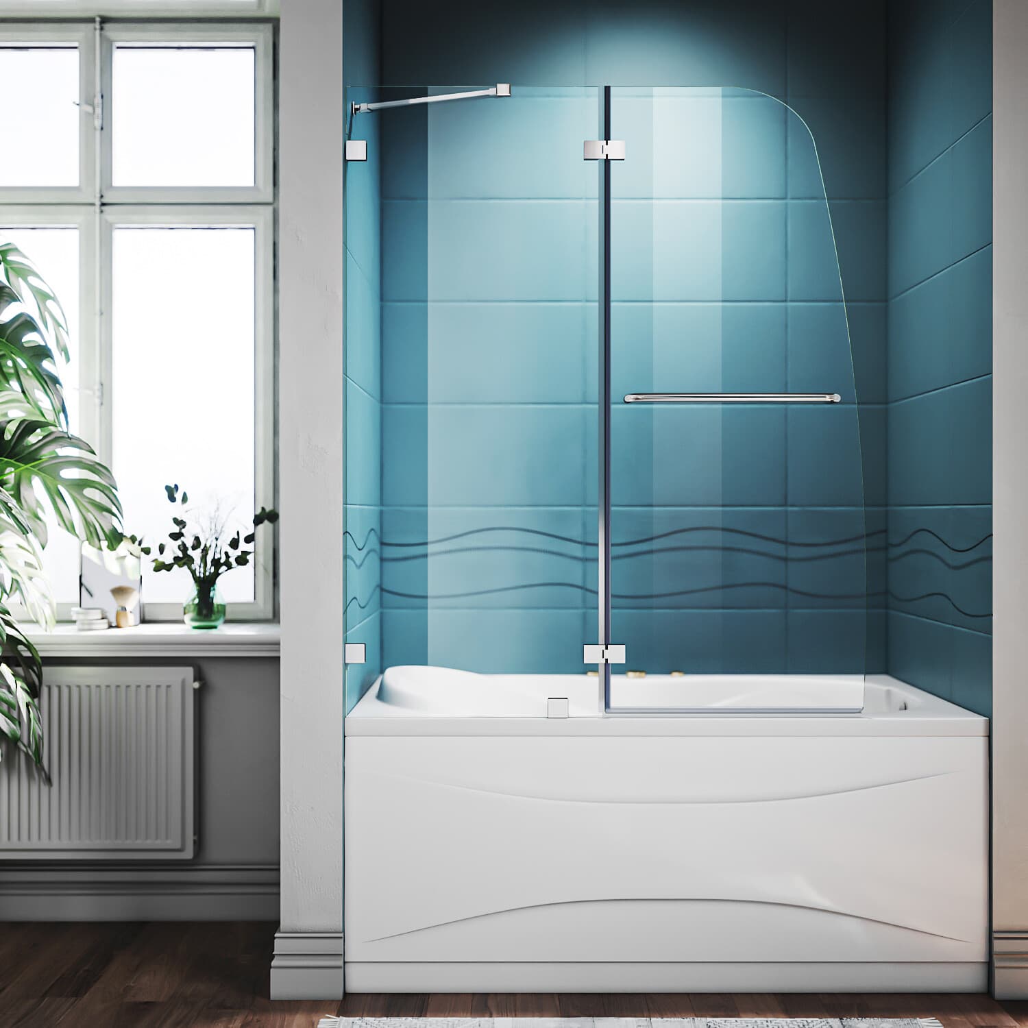 SUNNY 48" W x 58" H Shower Tub Door Bathtub Door Frameless Hinged Pivot Glass