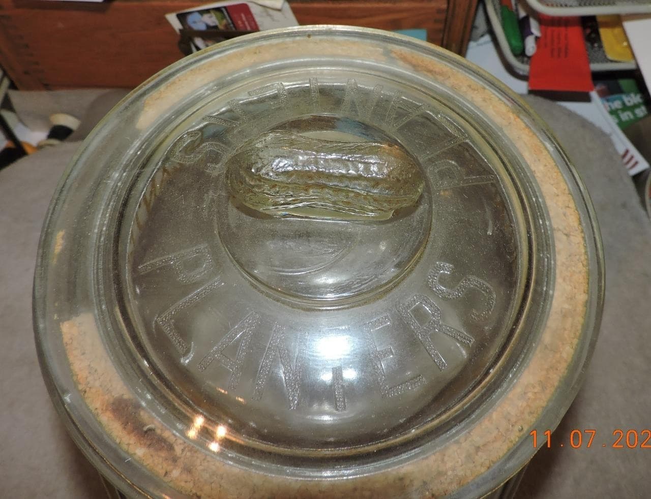 Antique Yellow Pyro Mr Peanut Country Store Display Jar W/ Figural Peanut Lid 3