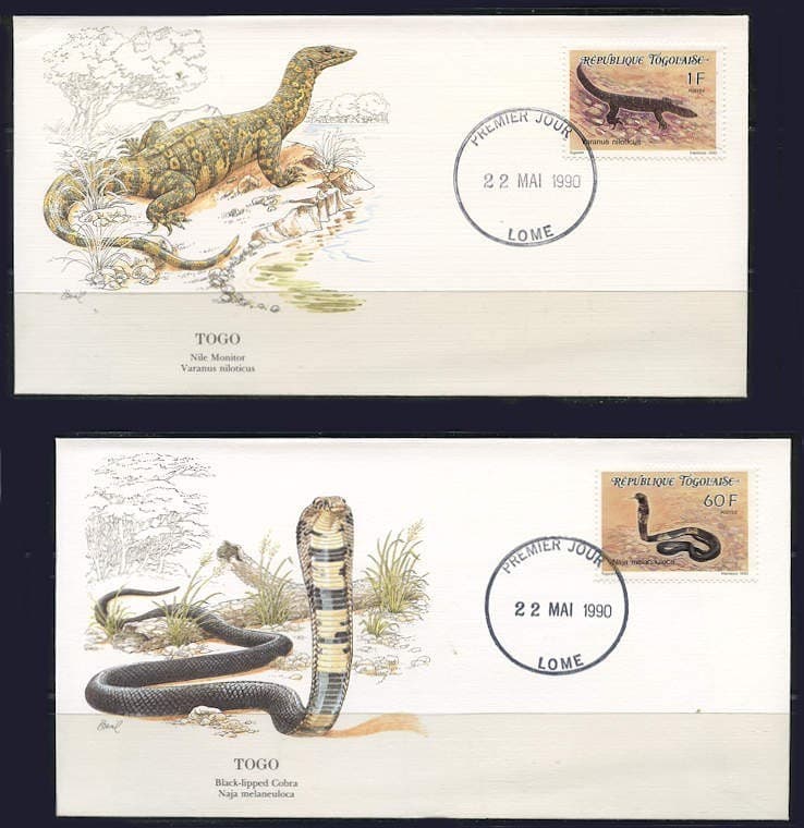 Togo: 1990 Reptiles Audubon Society First Day Covers