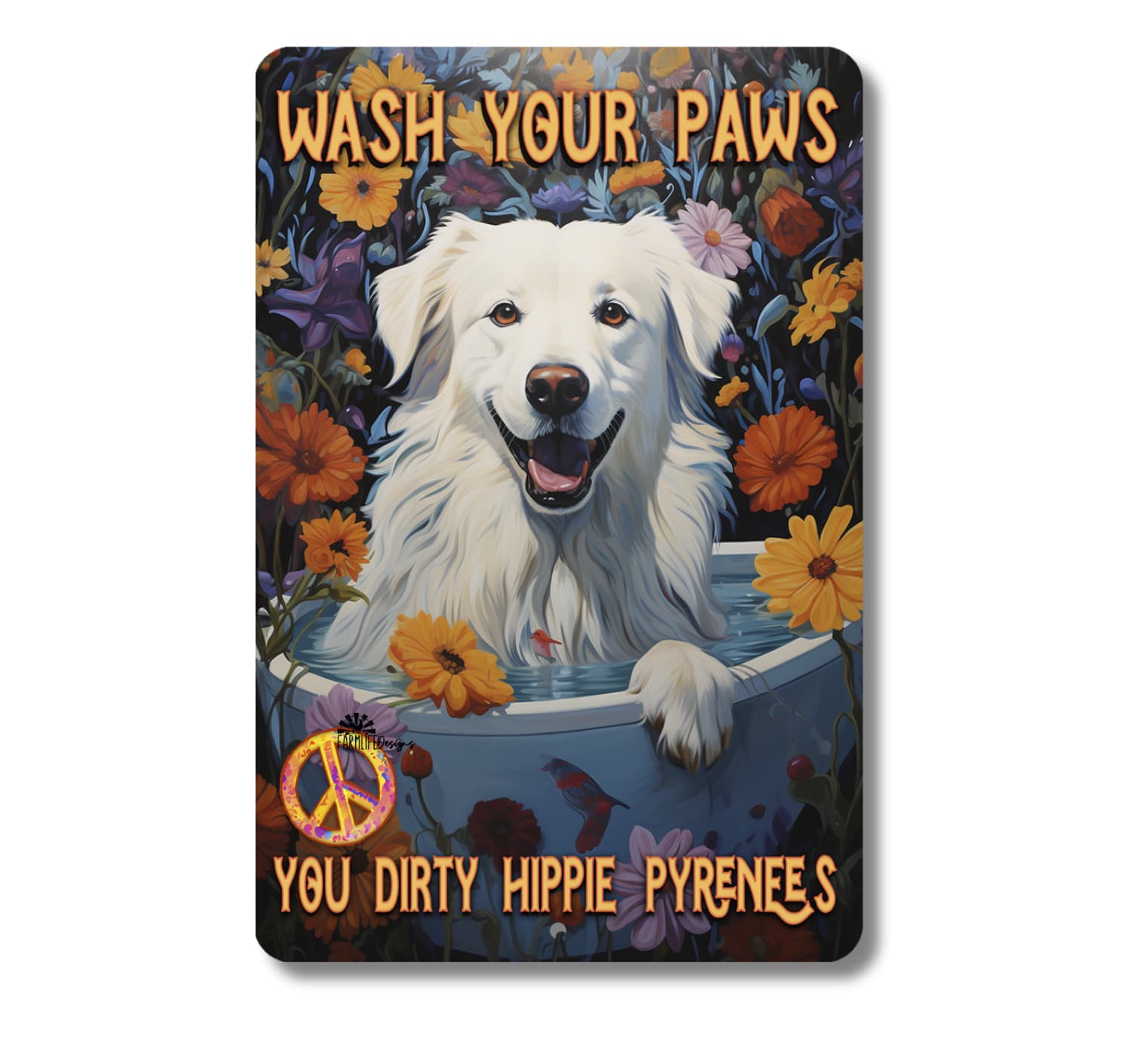 Great Pyrenees Bath Sign Wash Your Paws retro bathroom metal tin dog tub hippie 6