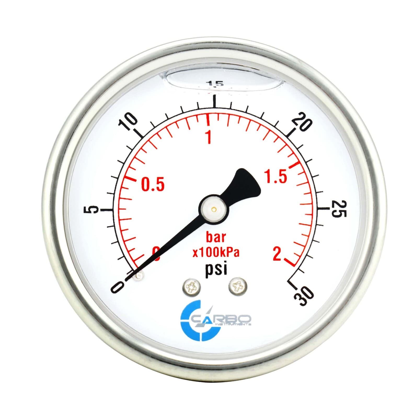 2"  Pressure Gauge, Stainless Steel Case, Liquid Filled, Back Mnt, 30 Psi