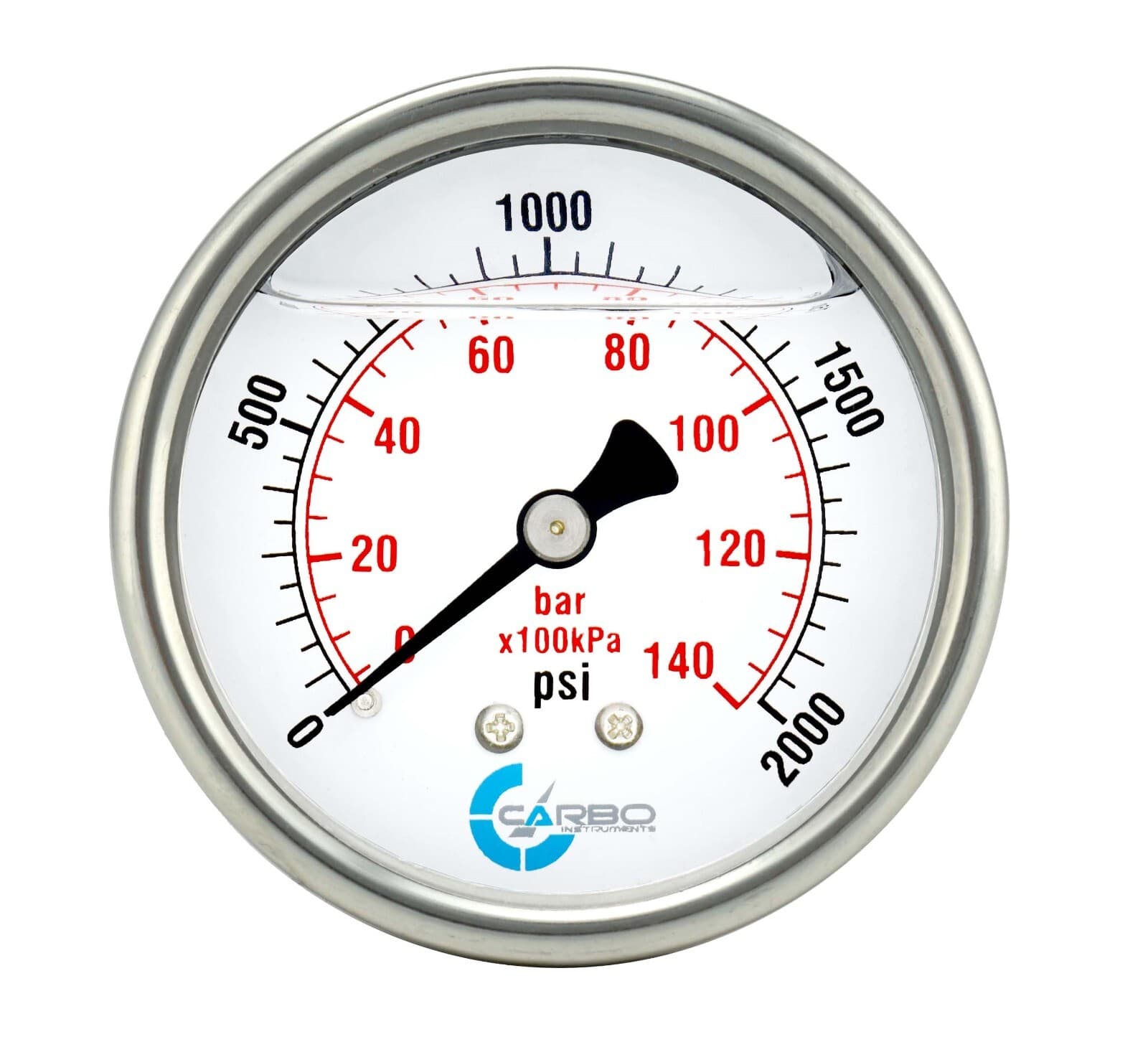 2" Pressure Gauge, Stainless Steel Case, Liquid Filled, Back Mnt, 2000 Psi