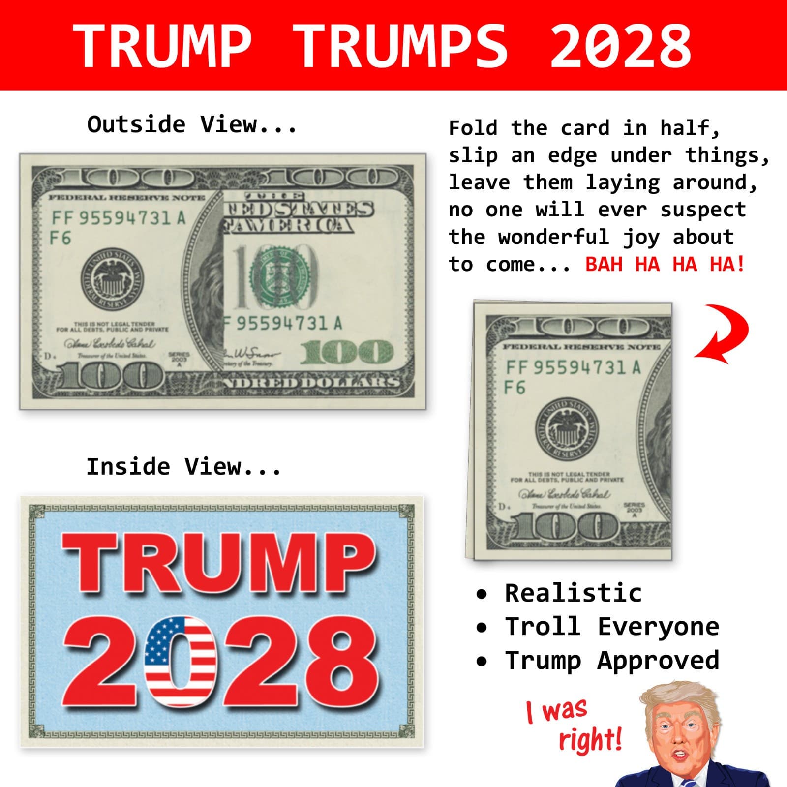 50 Pack Trump 2028 Fake Prank 100 Dollar Bills Money! Troll Everyone Today! 2