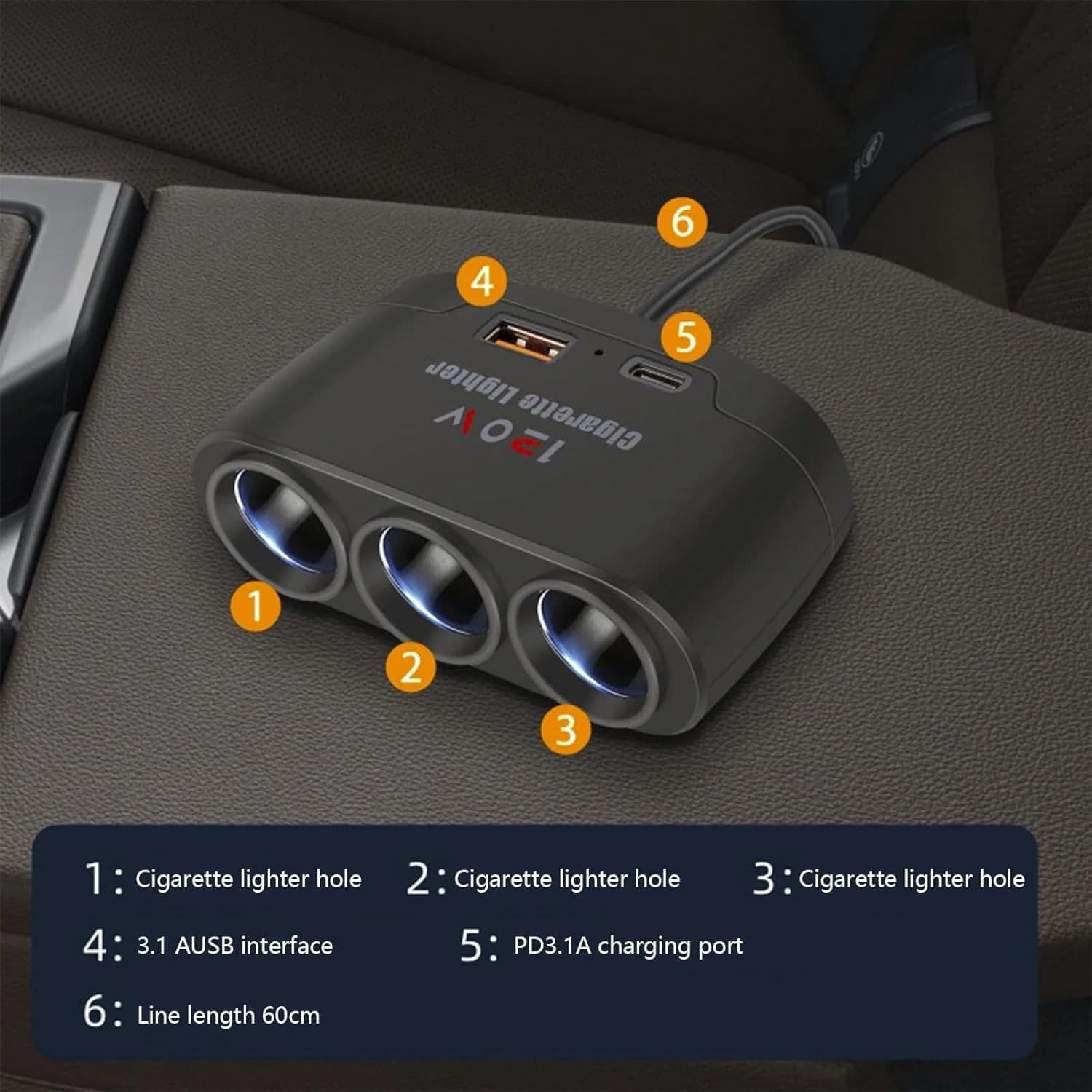 5 in1 Car Cigarette Lighter Splitter Adapter Car Charger 23.6In Cable 24V/ 12V 2