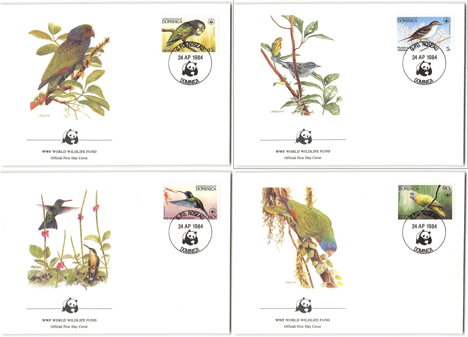 Dominica #827-30 Four WWF FDC's, birds, 1984