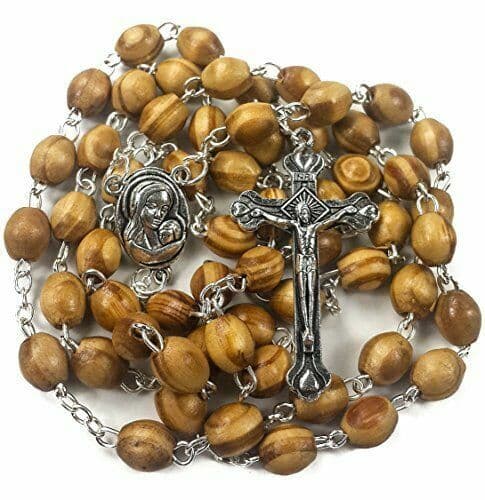 Blessed Catholic Rosary Necklace Olive Wood Oval Beads Jerusalem Soil Crucifix 2