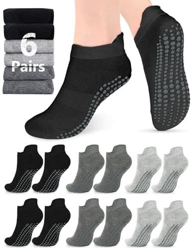 Grip Socks for Women Men Pilates Large 6 Pairs-2 Black/2 Dark Gray /2 Gray 5