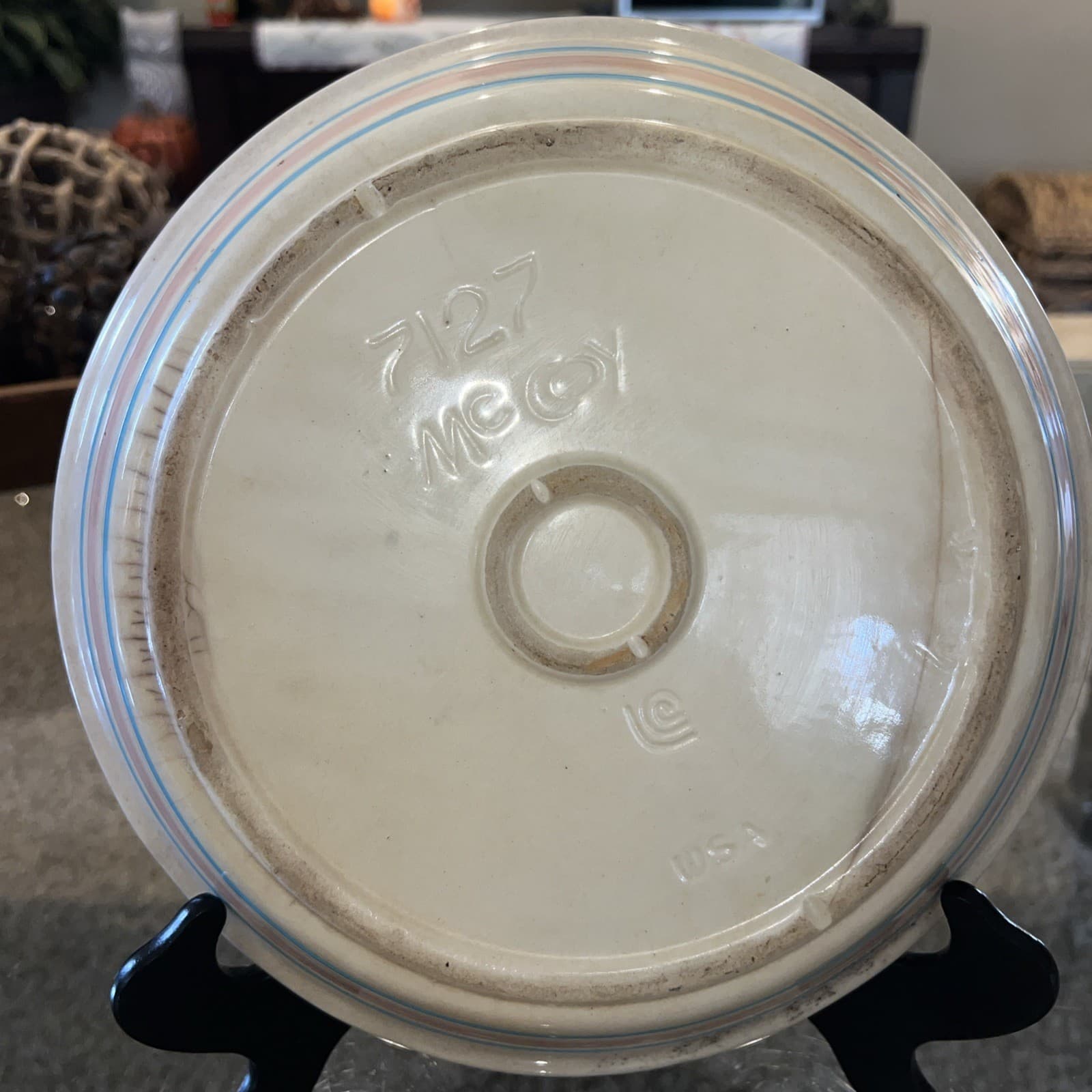 Vintage McCoy Pink blue Stripe HTF Pie Plate Baker Dish 7127 READ 10” Rare 5