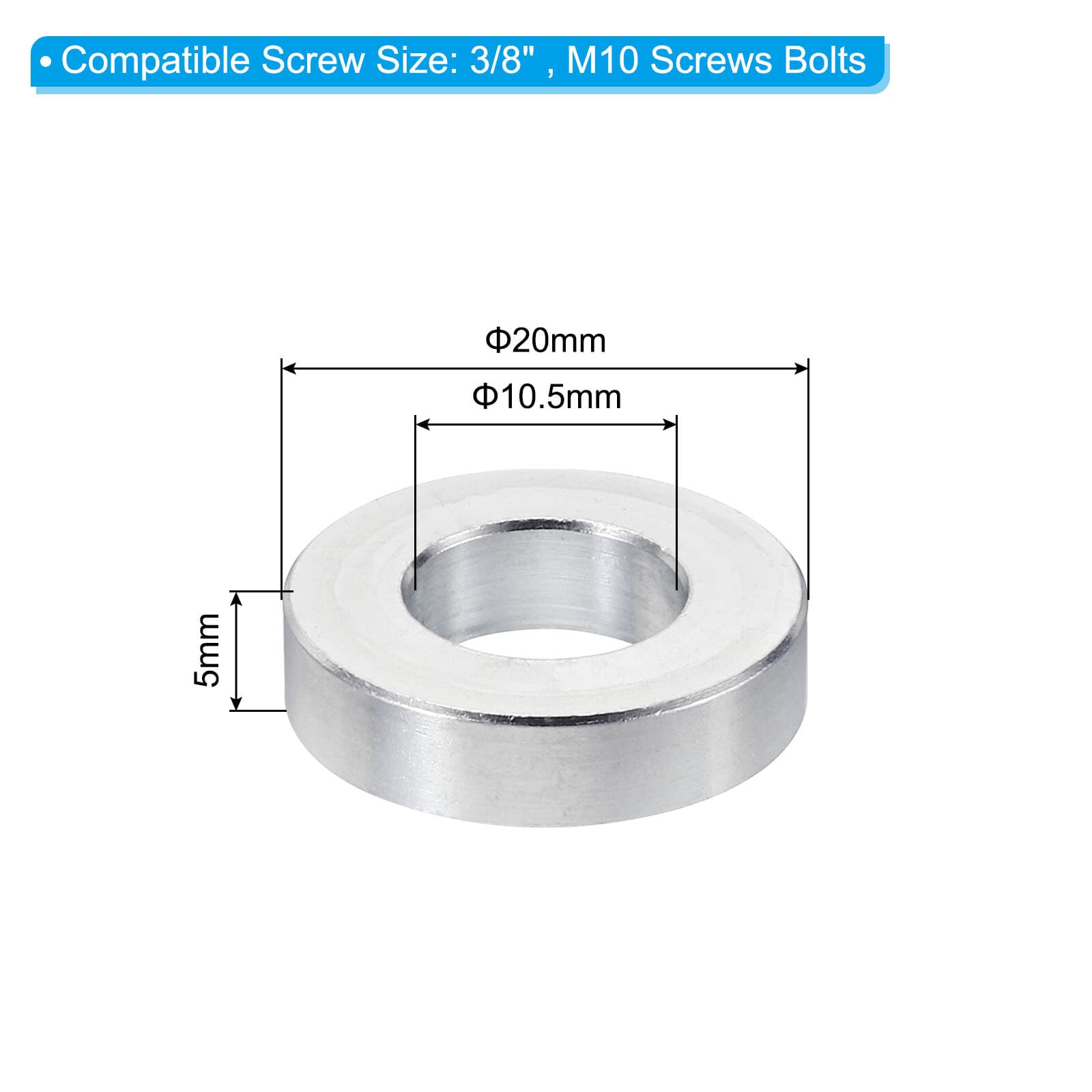 M10 Aluminum Spacers, 10 Pcs Metal Spacer Aluminum 10.5mm ID x 20mm OD x 5mm L 2
