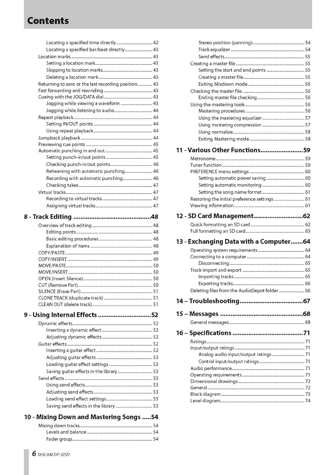 Tascam DP-32SD Instruction Manual User Guide Coil Bound 75 Pages 3