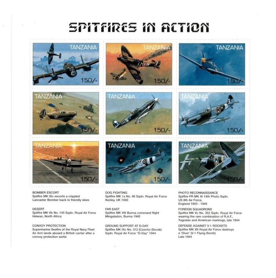 Tanzania 1997 - Aviation Spitfires in Action - Sheet of 9 Stamps Scott #1652 MNH