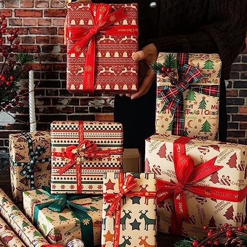 Christmas Wrapping Paper Sheets, 8 Sheets Recycled Xmas Wrapping Red and Brown 2