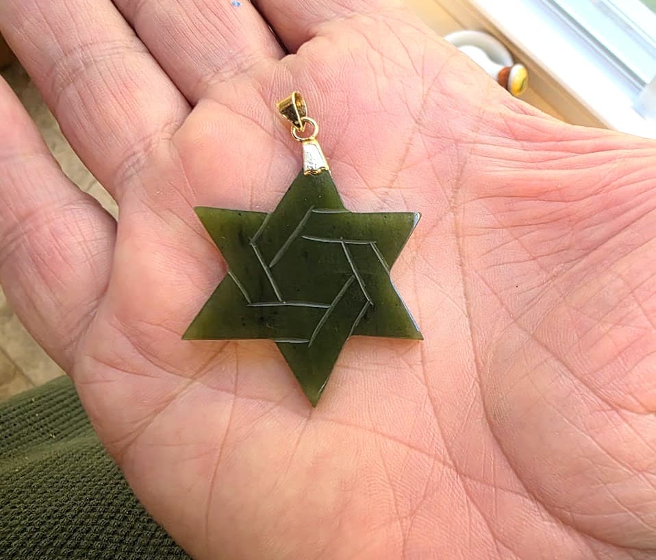 Nephrite Jade Jewish Star of David Drop Pendant Almost 1 1/2'' Wide Vintage