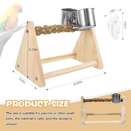 Parrot Play Wood Stand with Feeder Cups, Bird Grinding Perch Bird Perch Stand 4