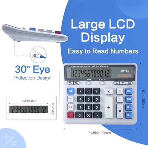  Desktop Calculator 12 Digits Extra Large LCD Display, Dual Solar Power and  5