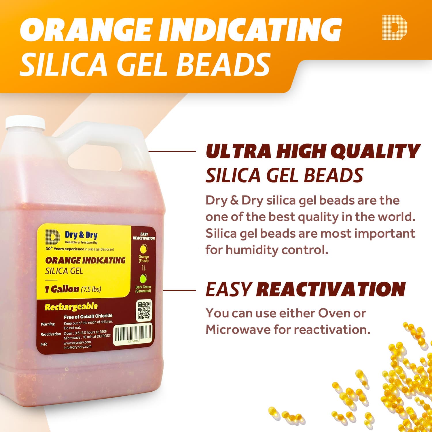 2 Gallon(15 LBS) "Dry&Dry" Premium Orange Indicating Silica Gel Desiccant Bead 2