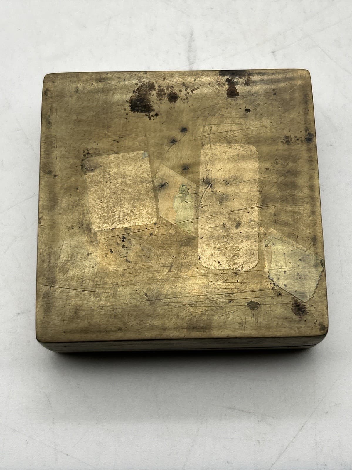 Vintage Brass Bronze Chinese Village Mountain Engraved Ink Box 3x3” 6