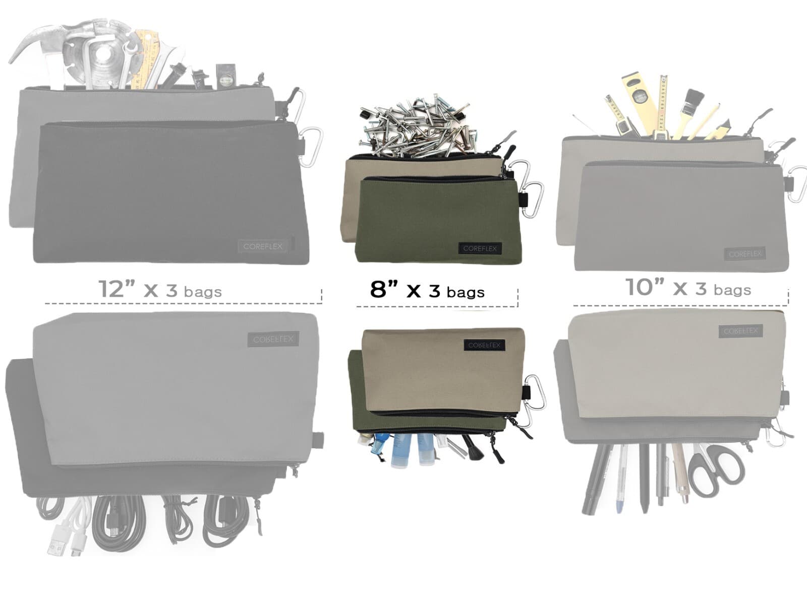 Coreflex Tool Pouch Zipper Bag, Tool bag with 3Pack Multi size 3