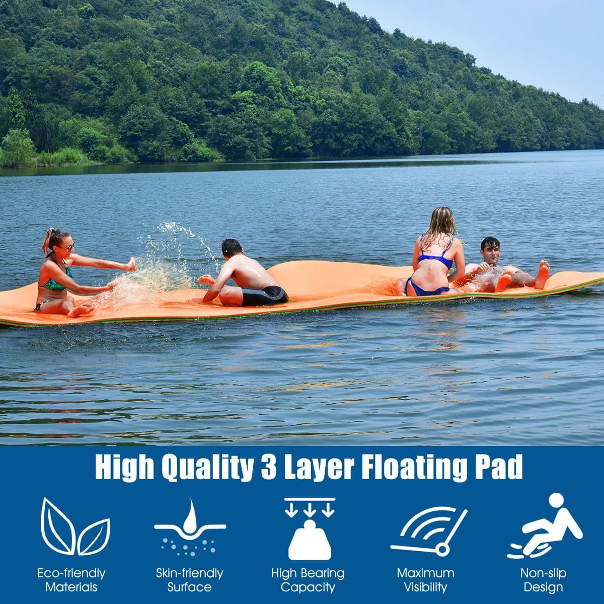 Costway 3-Layer Floating Water Pad 12' x 6' Floating Oasis Foam Mat Orange 5