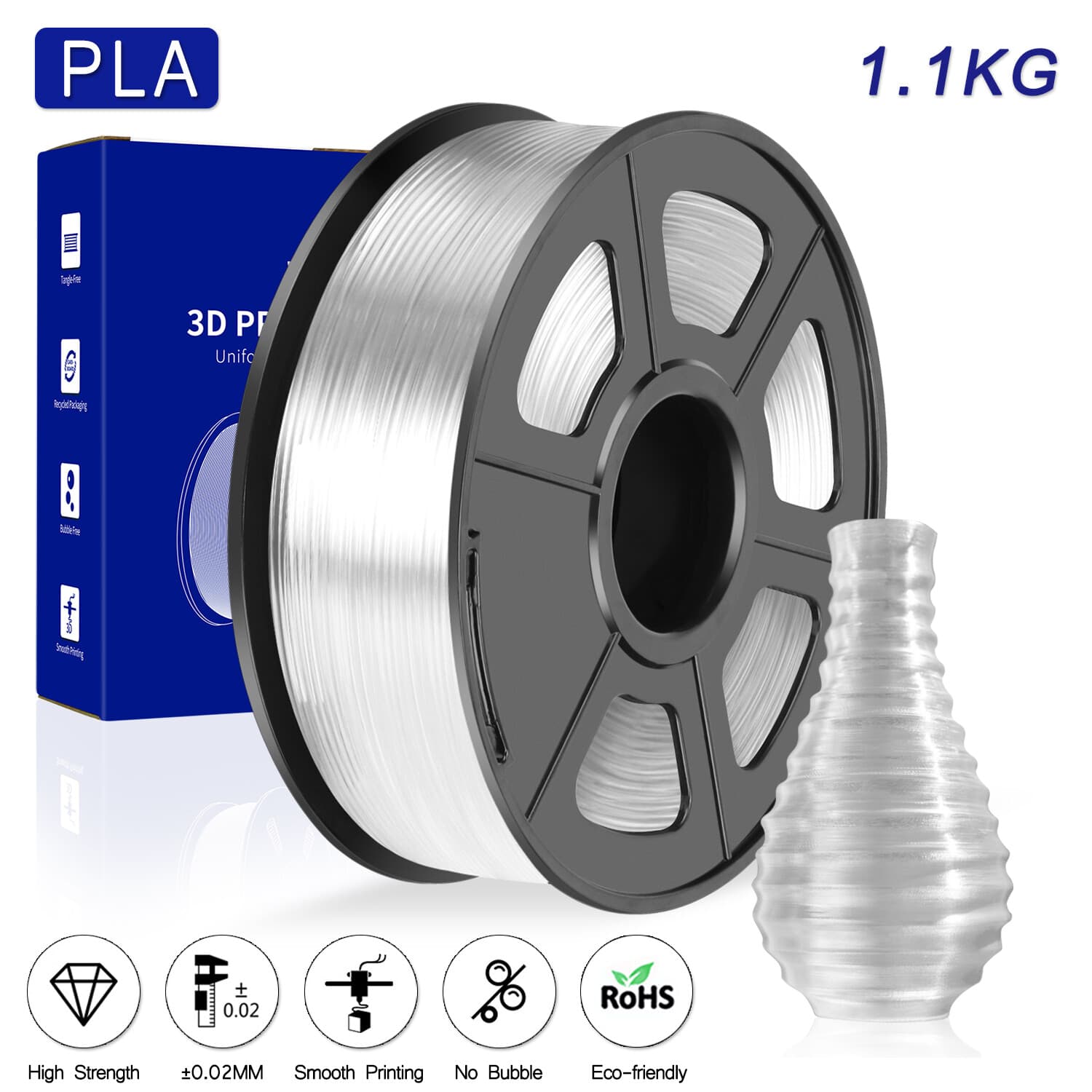 JAYO 1.1KG PLA Clear 1.75mm 3D Printer Filament High Stiffness Low Shrinkage