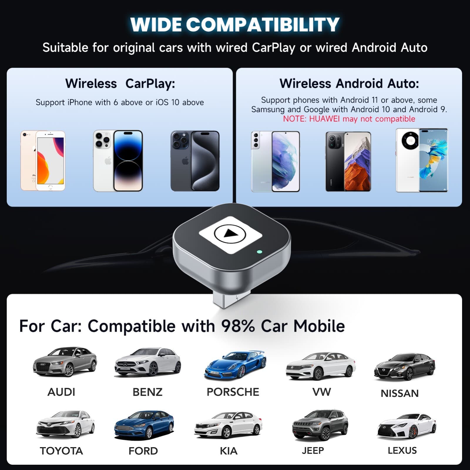 Wired to Wireless CarPlay Adapter For iPhone Android Auto Adapter Plug & Play US 5