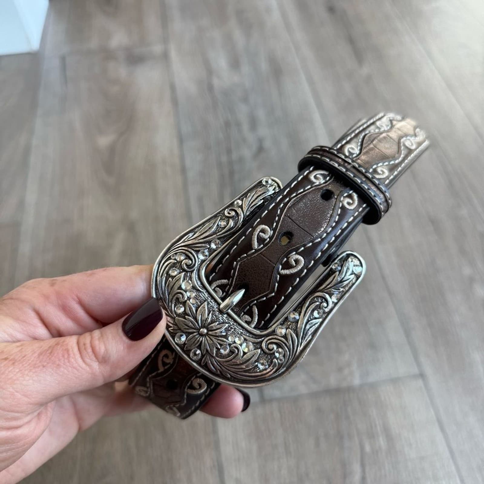 Ariat size 22 belt girls kids western bedazzled brown Cross 2