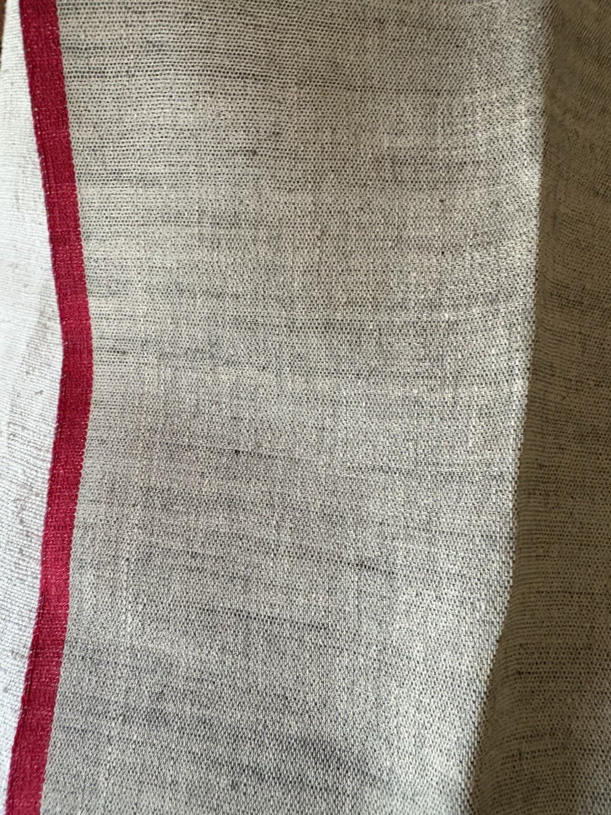 Vintage Pure Linen Fabric~ Natural Oatmeal Beige Red Stripe ~ Farmhouse Textile 4