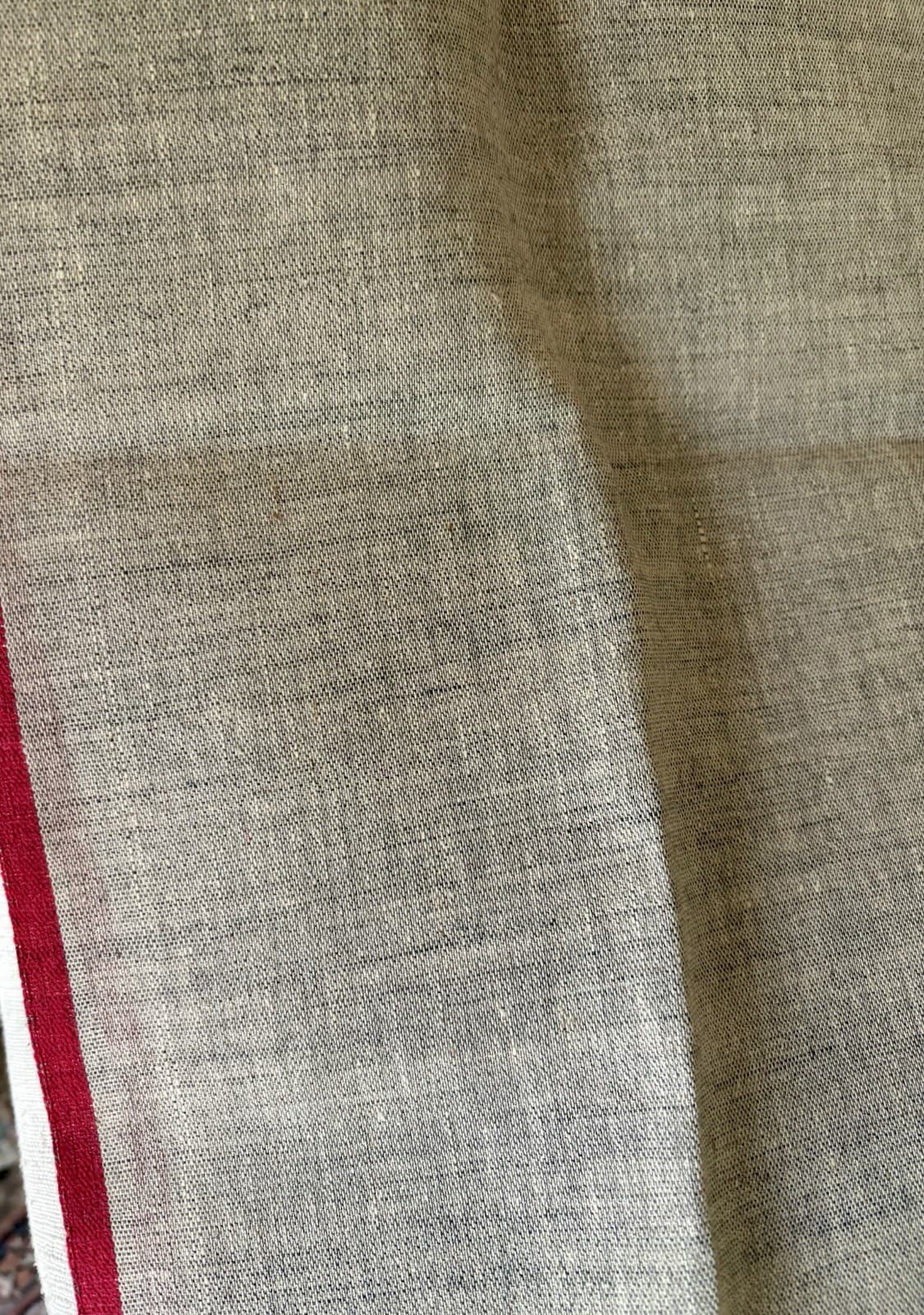 Vintage Pure Linen Fabric~ Natural Oatmeal Beige Red Stripe ~ Farmhouse Textile 2