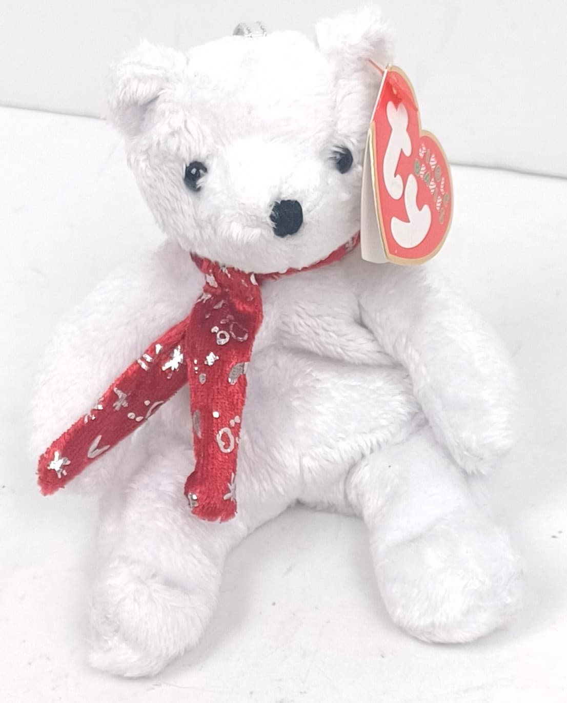 Vintage 2000 Ty Jingle Beanie Baby Holiday White Teddy Bear 5" with Tag & Scarf