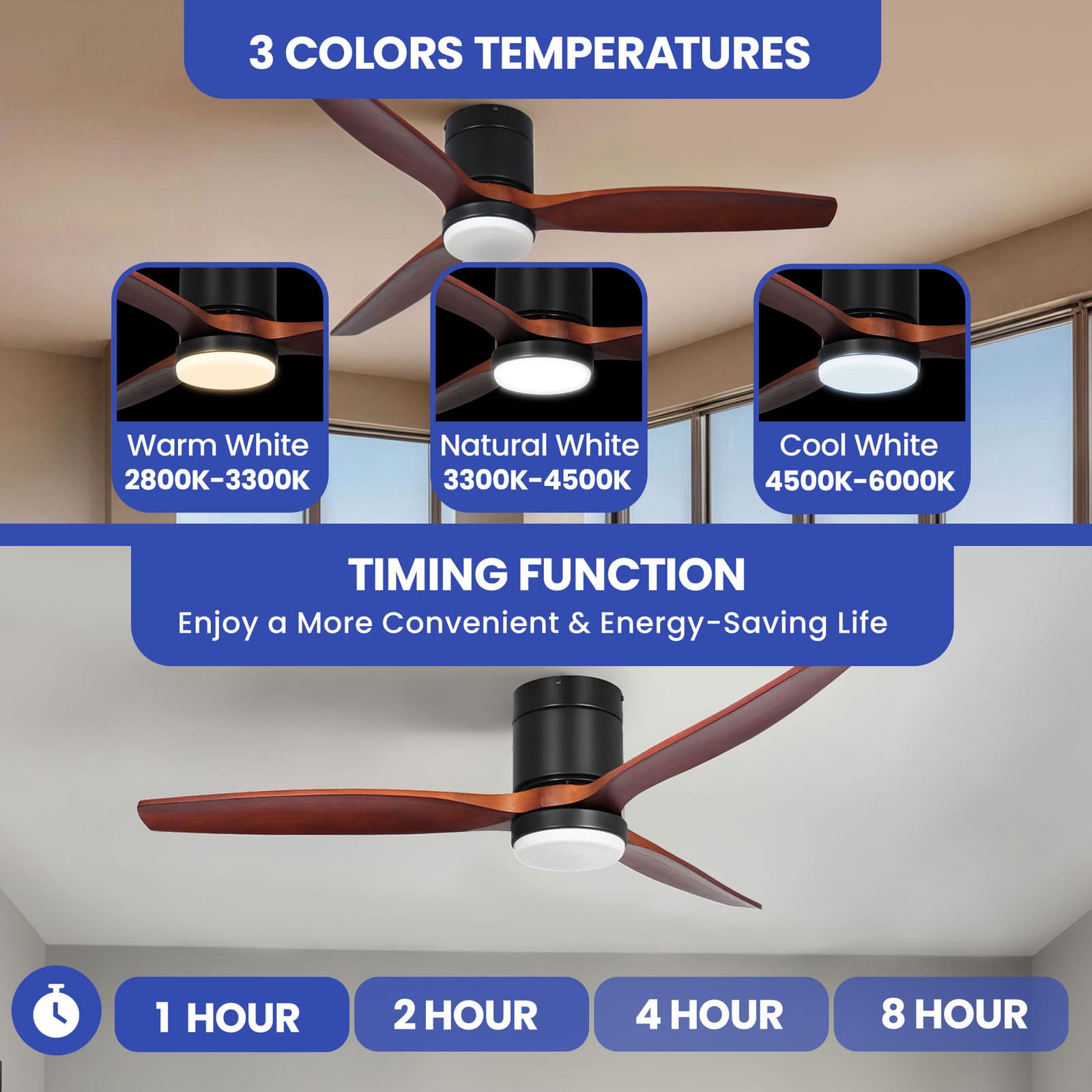 52" Industrial Ceiling Fan with Light Flush Mount Remote Control 3 Wooden Blades 5