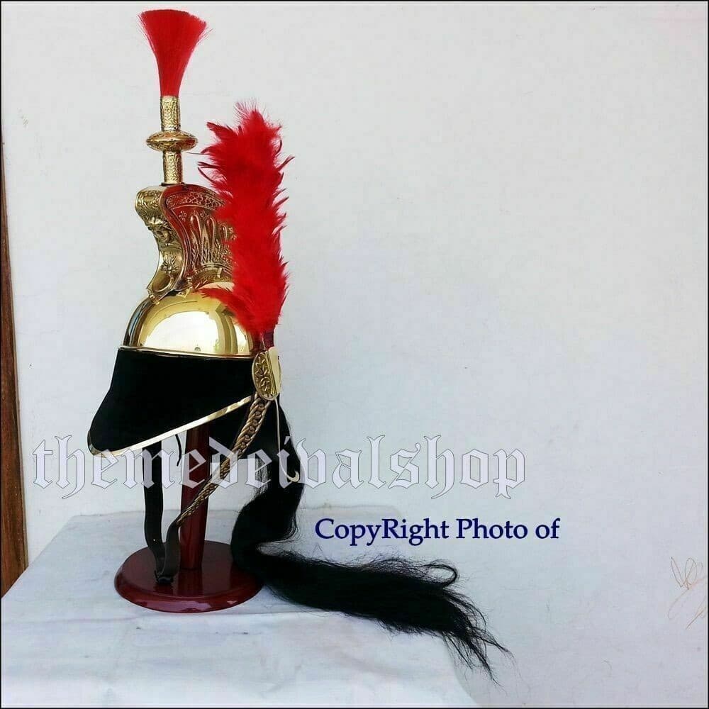 French Cuirassier Officer's Napoleon Brass Helmet With Red Plume & Wooden Stand 5