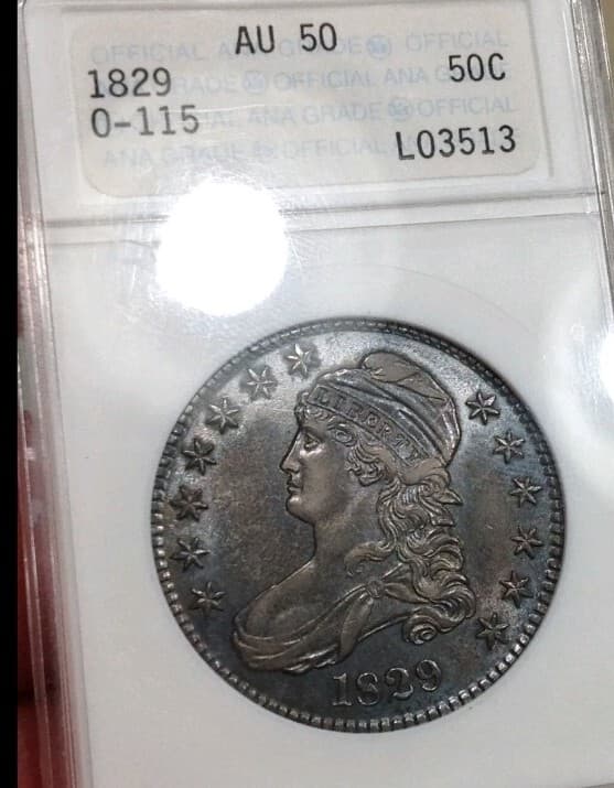 1829 50C Capped Bust Silver Half Dollar AU-50 Old ANA Holder Gun Metal Toning PQ 2