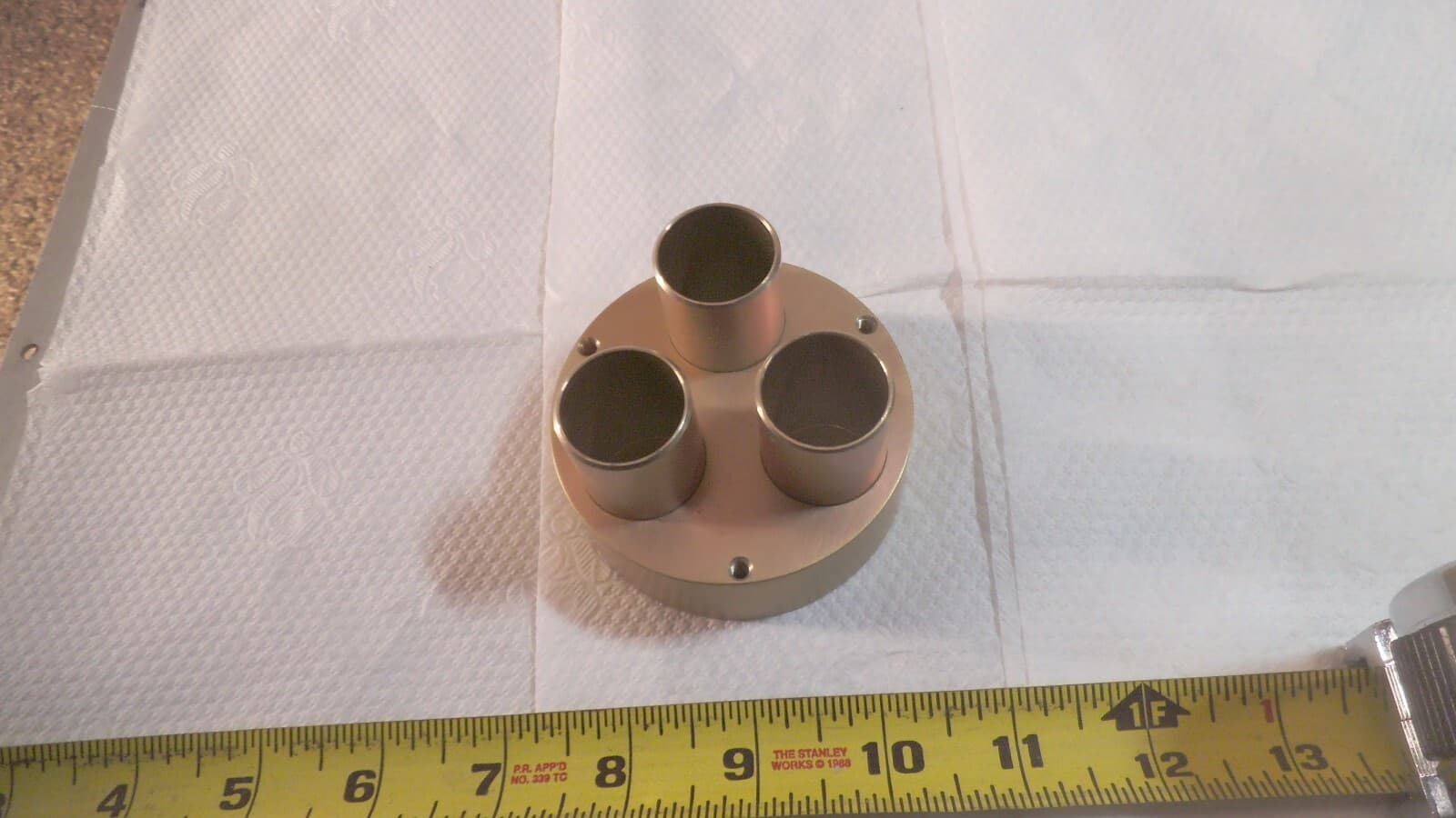 Chromate plated Aluminum disc with 3 ports, 2-15/16" OD x 2" tall