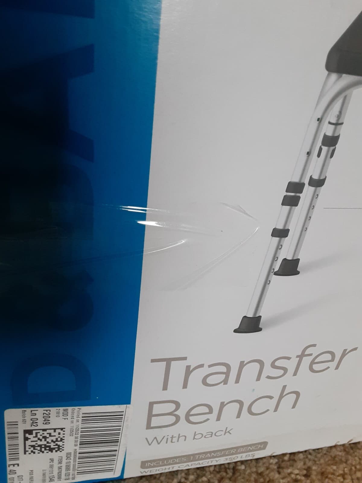 Equate Transfer Bench W/Back Rest, Shower Bench, Black, 350lb, Adjustable NIB  2