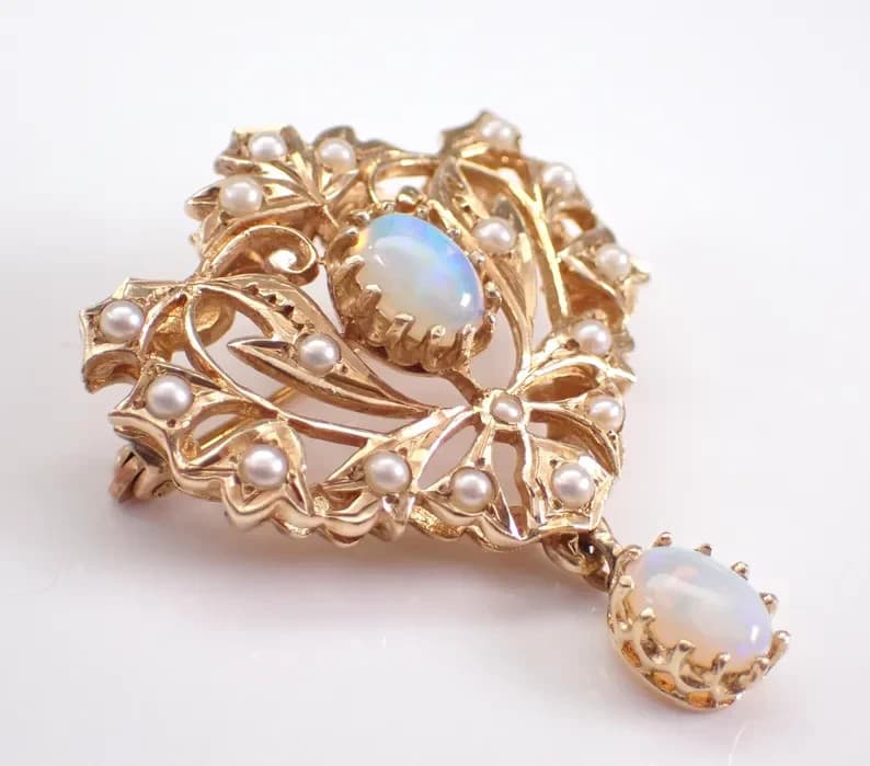 2.20Ct Oval Natural Fire Opal Vintage Estate Brooch Pin 14K Yellow Gold Plated 2