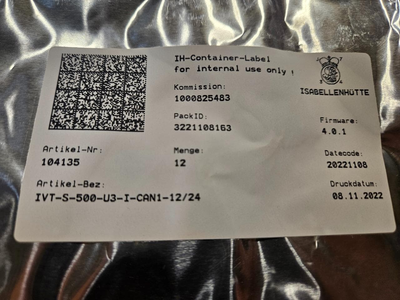 New Isabellenhuette IVT-S-500-U3-I-CAN1-12/24 Current Sensor Shunt 500A 3