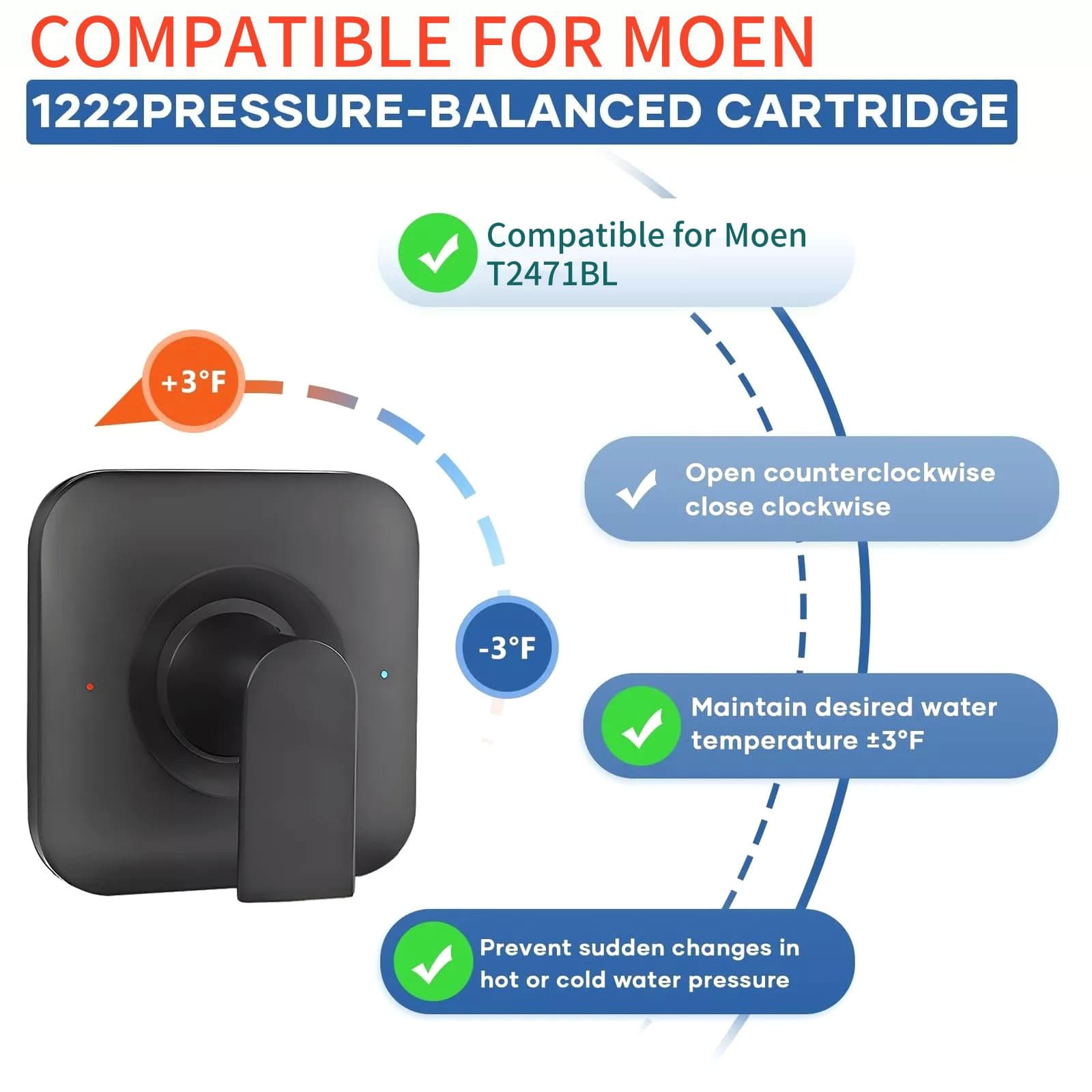 1* Black Stainless Steel Shower Handle Kit Fit For Moen T2471BL Posi-Temp Valve 6