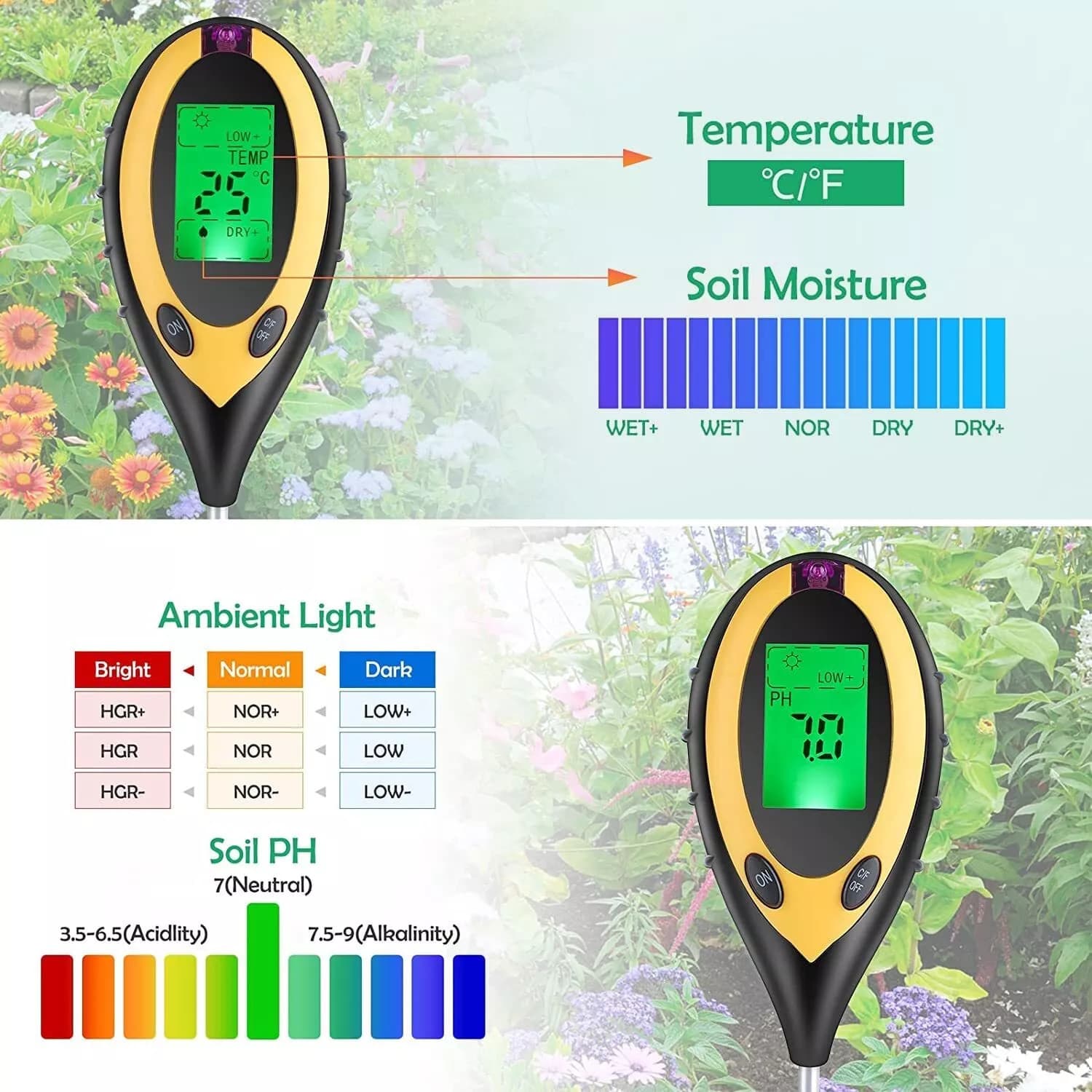 LCD Digital PH Soil Tester Water Moisture Temperature Sunlight Test Meter Plant 5