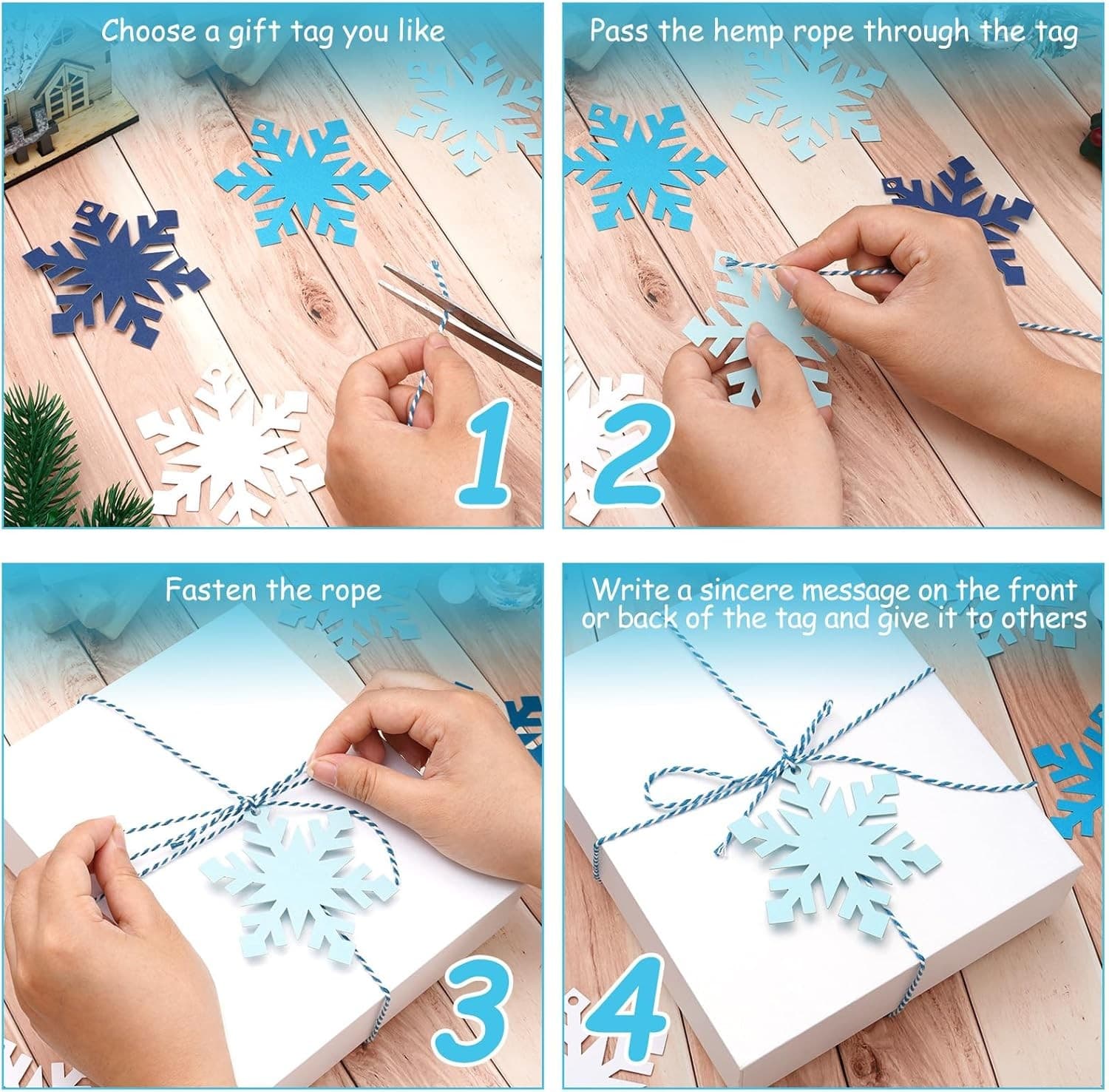120Pcs Christmas Winter Paper Gift Tags with Hemp Rope White Blue Snowflake Hang 3