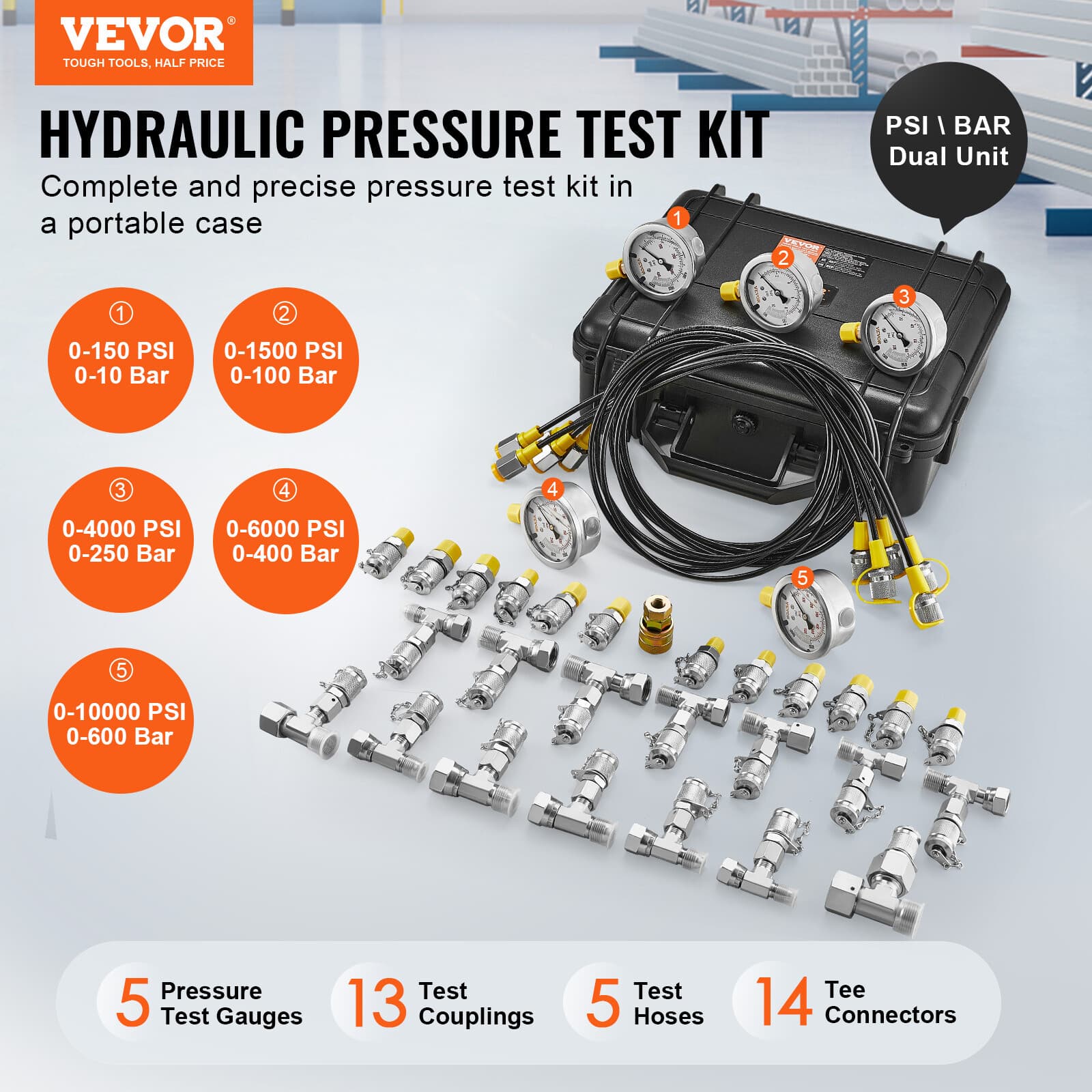 VEVOR Hydraulic Pressure Test Kit 5 Gauges 13 Couplings 14 Tee Connectors 5 Hose 2