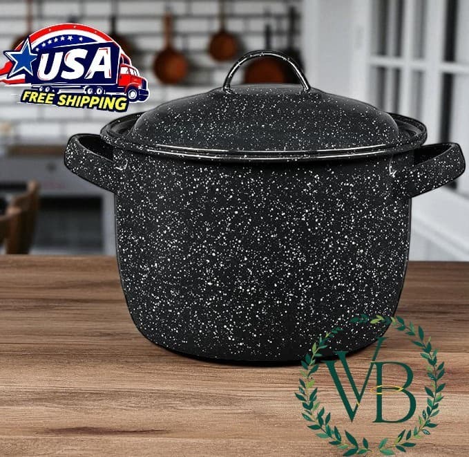 Granite Bean Pot with lid Ware Enamel on Steel Speckled Black 4-Quart 3.7 Liter