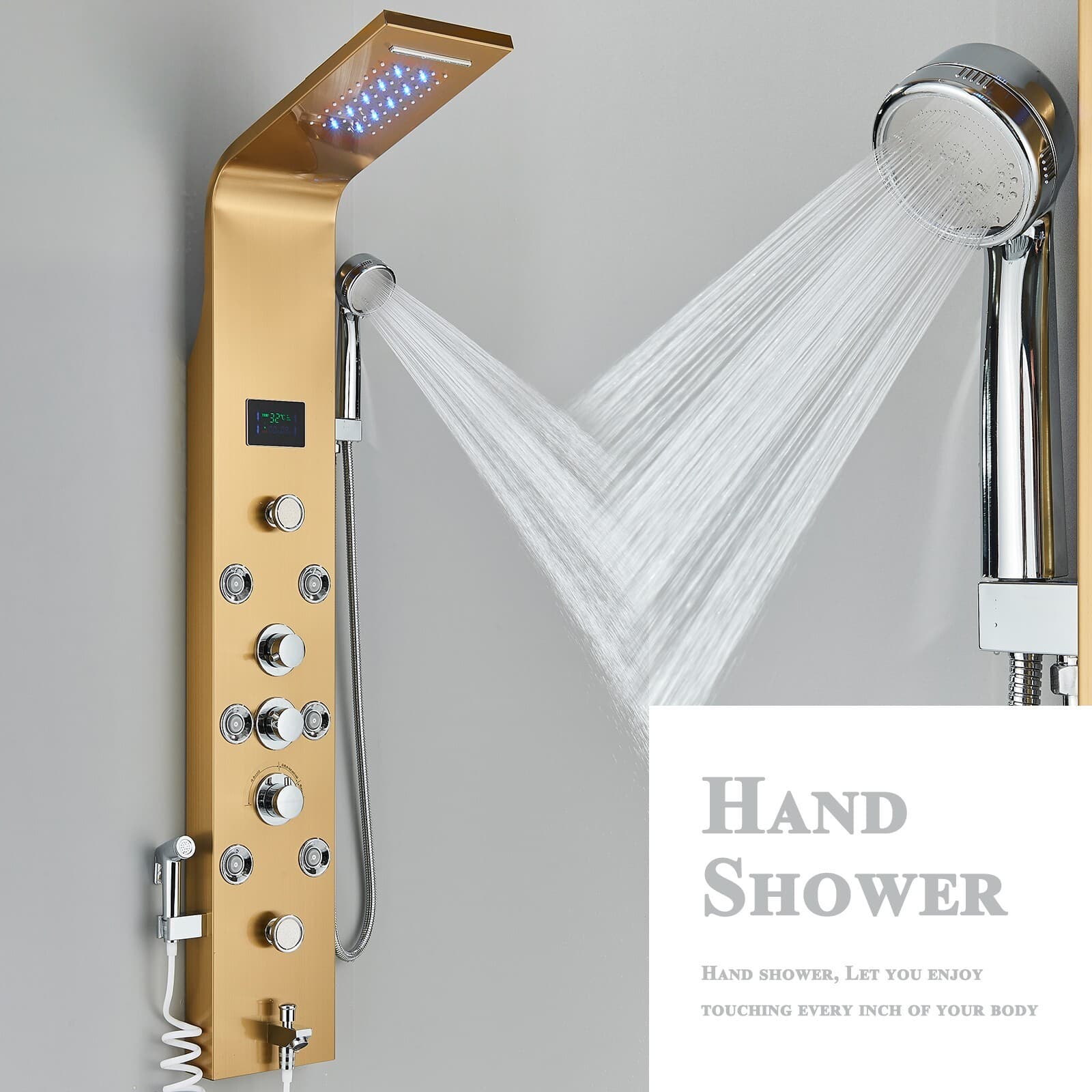 Gold LED Shower Panel Tower Rain Waterfall Massage Jets System Stainless Steel 6
