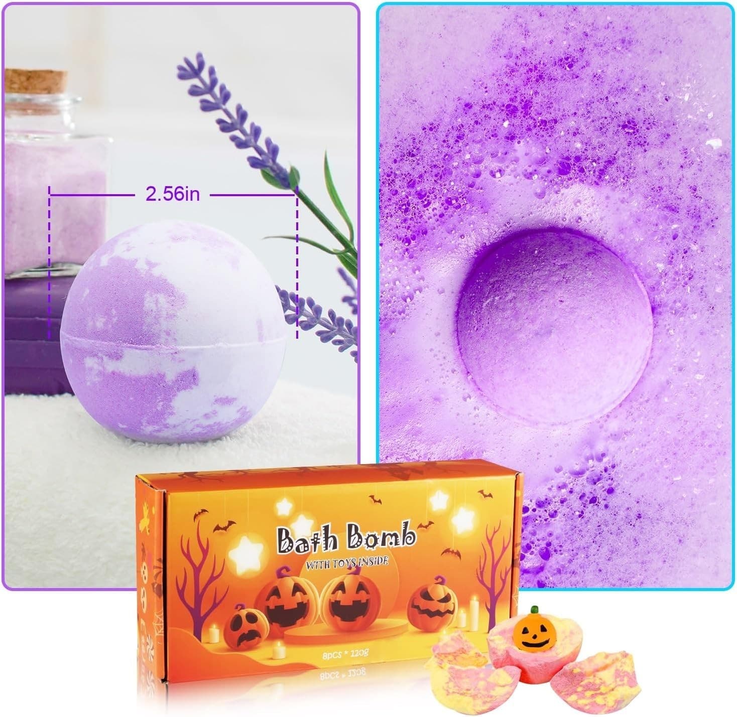 8 Pack Halloween Bath Bomb Set with Halloween Squishy Toys Inside for Kids 4