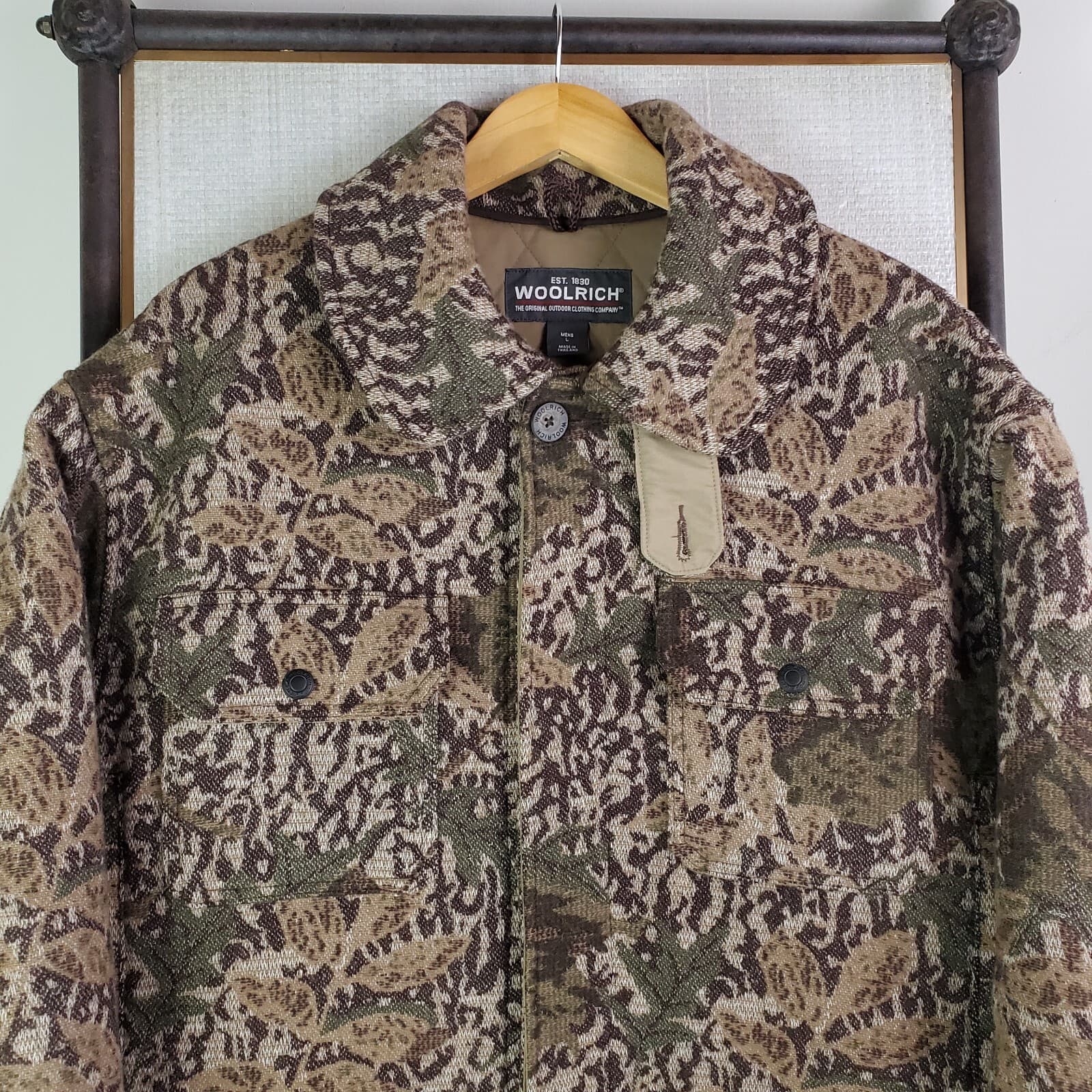 Rare WOOLRICH Size Large Mens Wool Camouflage Field Jacket Coat Button Front 2