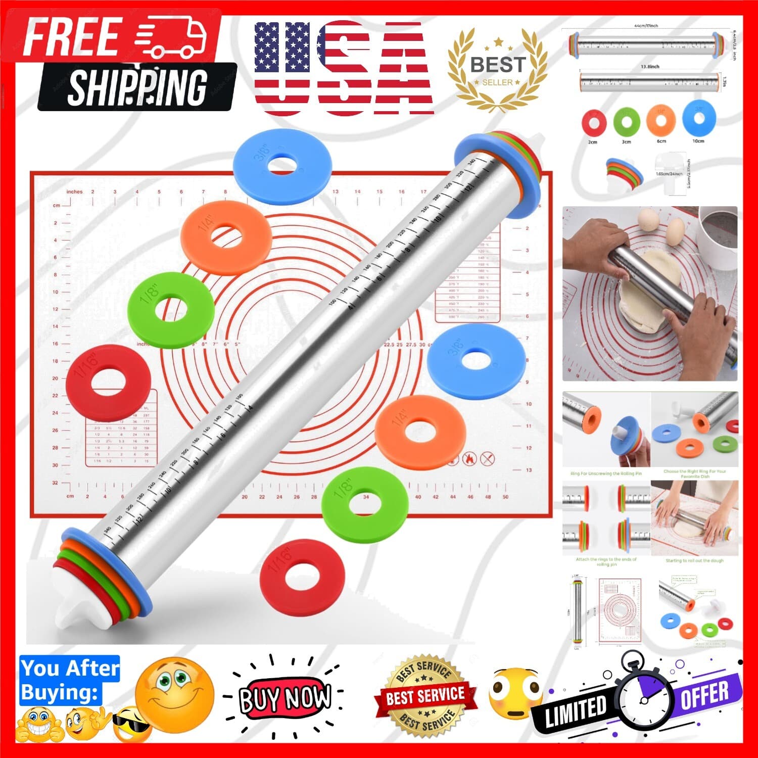 Elegant 17-Inch Stainless Steel Rolling Pin with Non-Slip Silicone Baking Mat