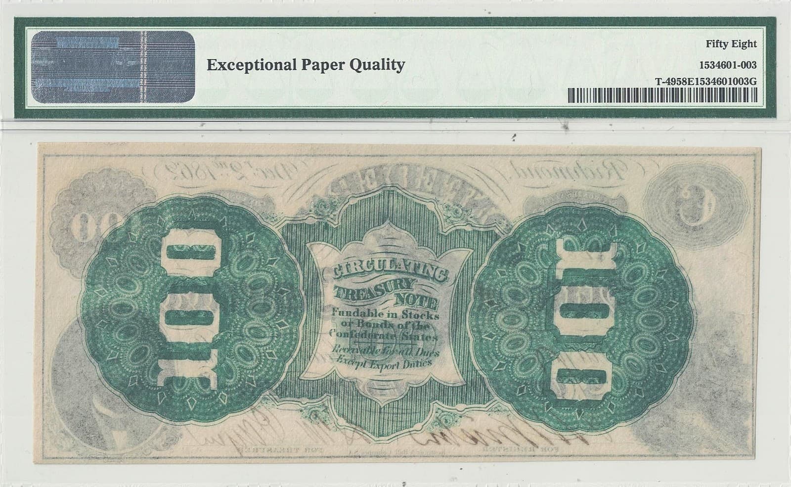 1862 $100 Confederate Note T-49 PMG AU-58 EPQ 3