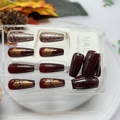 Fall Maple Leaf Press on Nails Medium Coffin Fake Nails Fall Press on Nails 1 4