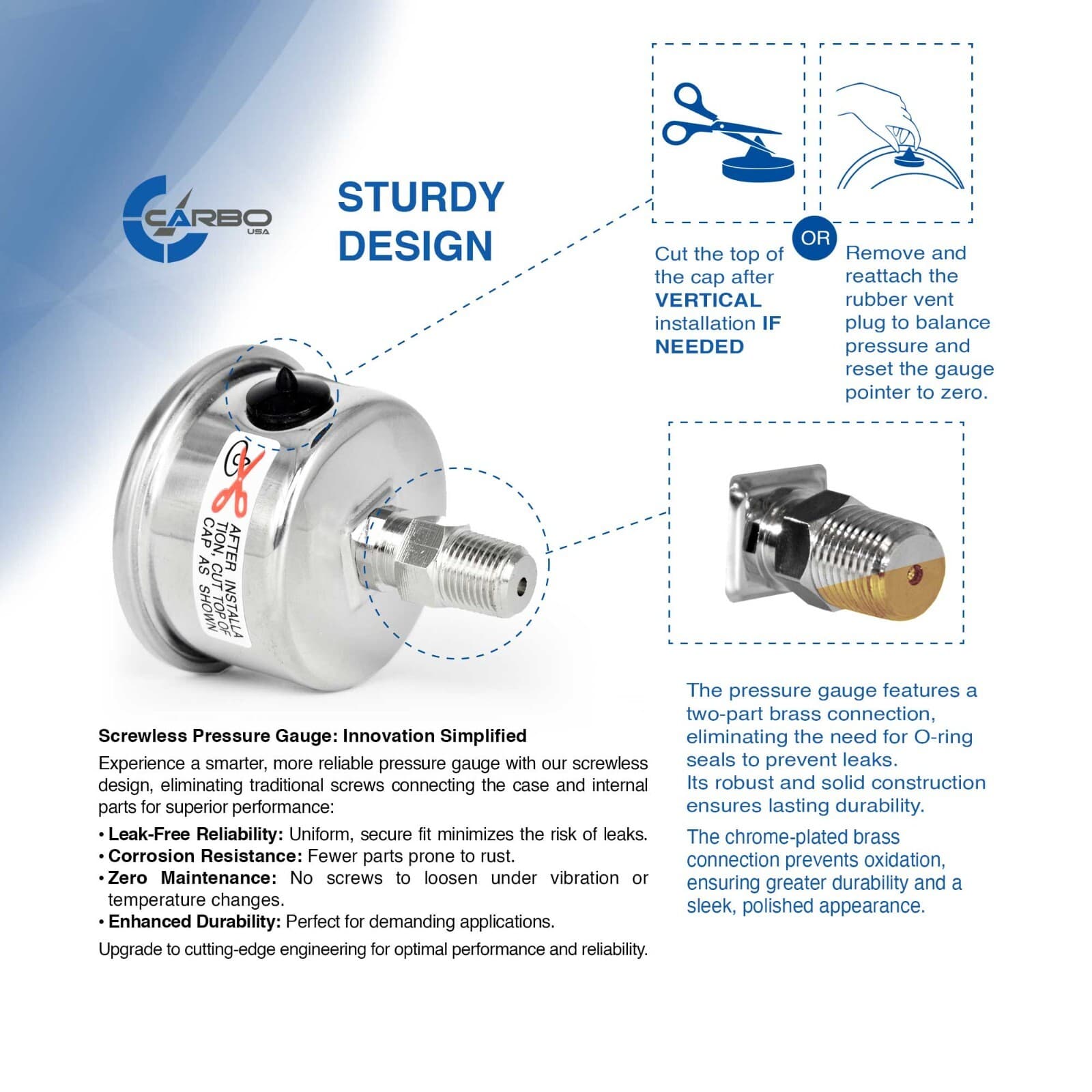 CARBO Gauge 0-60 psi Fuel Pressure Oil Pressure 1.5" Liquid Filled, Black Dial  3