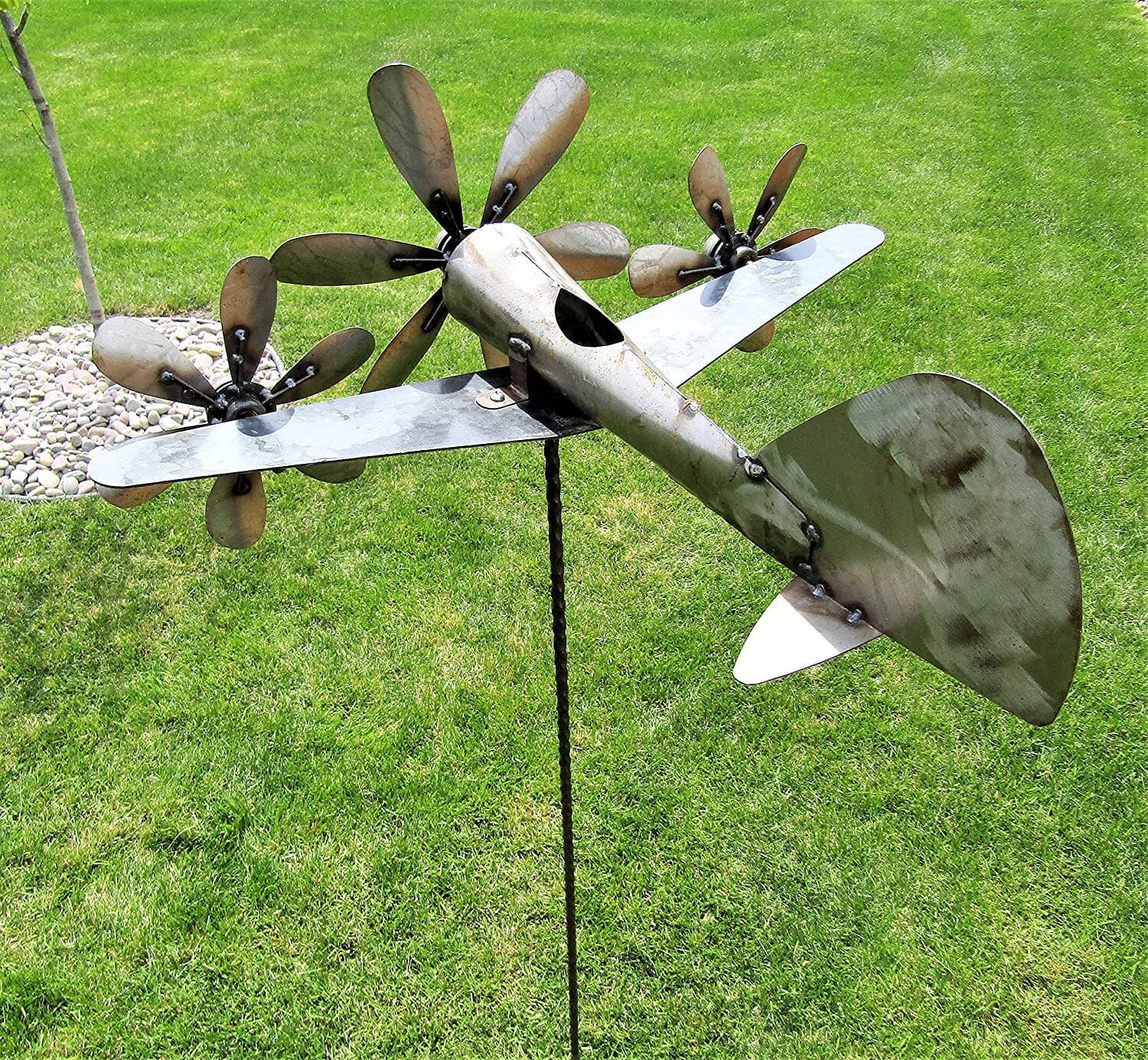 Metal Triple Prop Plane Airplane Spinner Propeller Yard Garden Stake Windmill 3